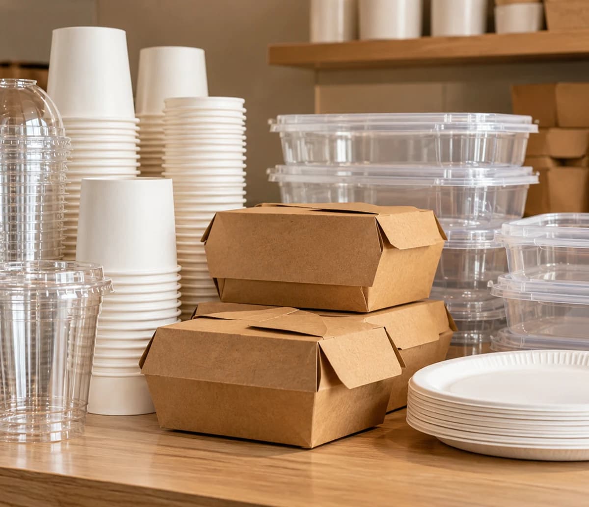 Disposable cups, food containers, takeaway boxes and plates
