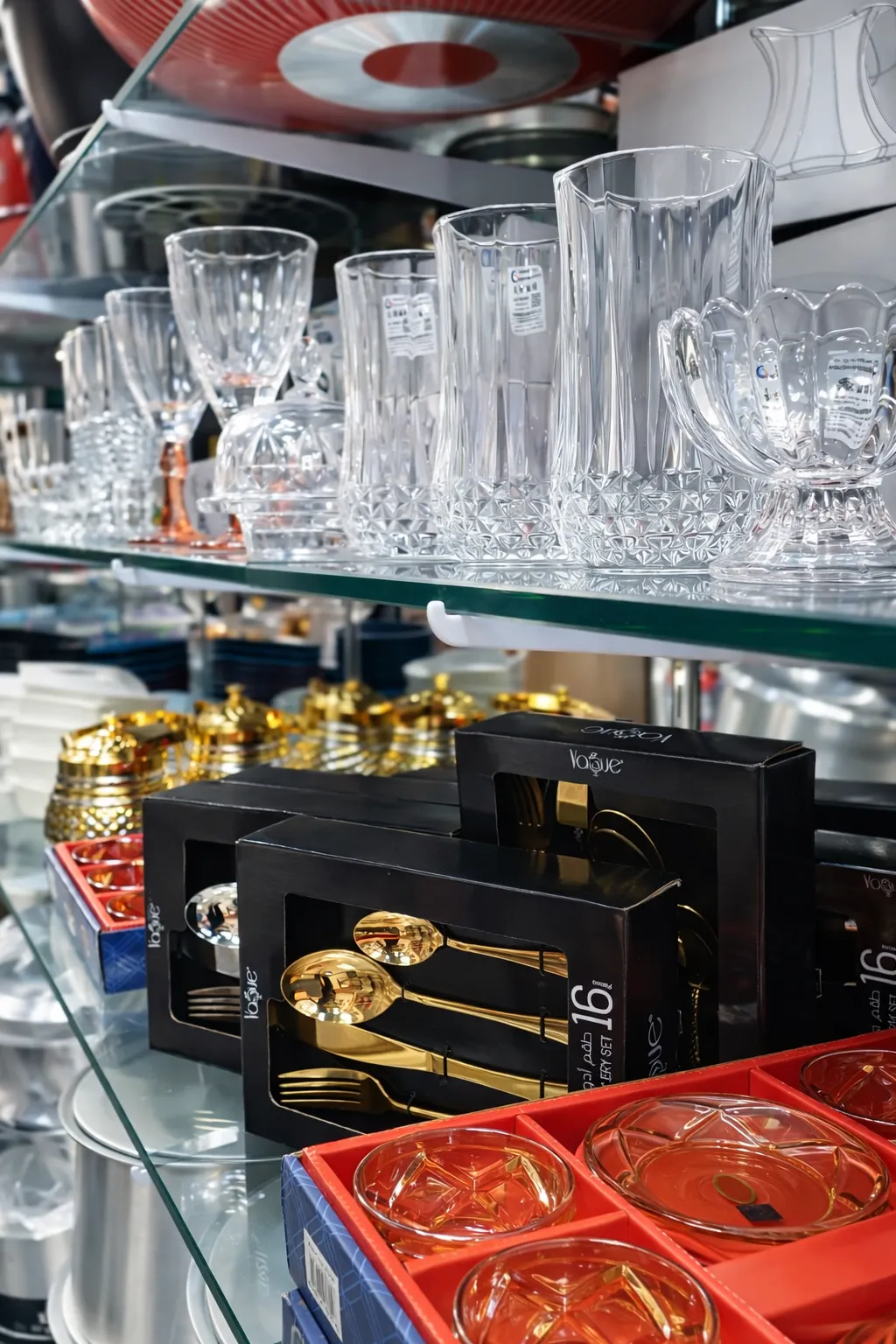 Serving and kitchen supplies displayed in our showroom