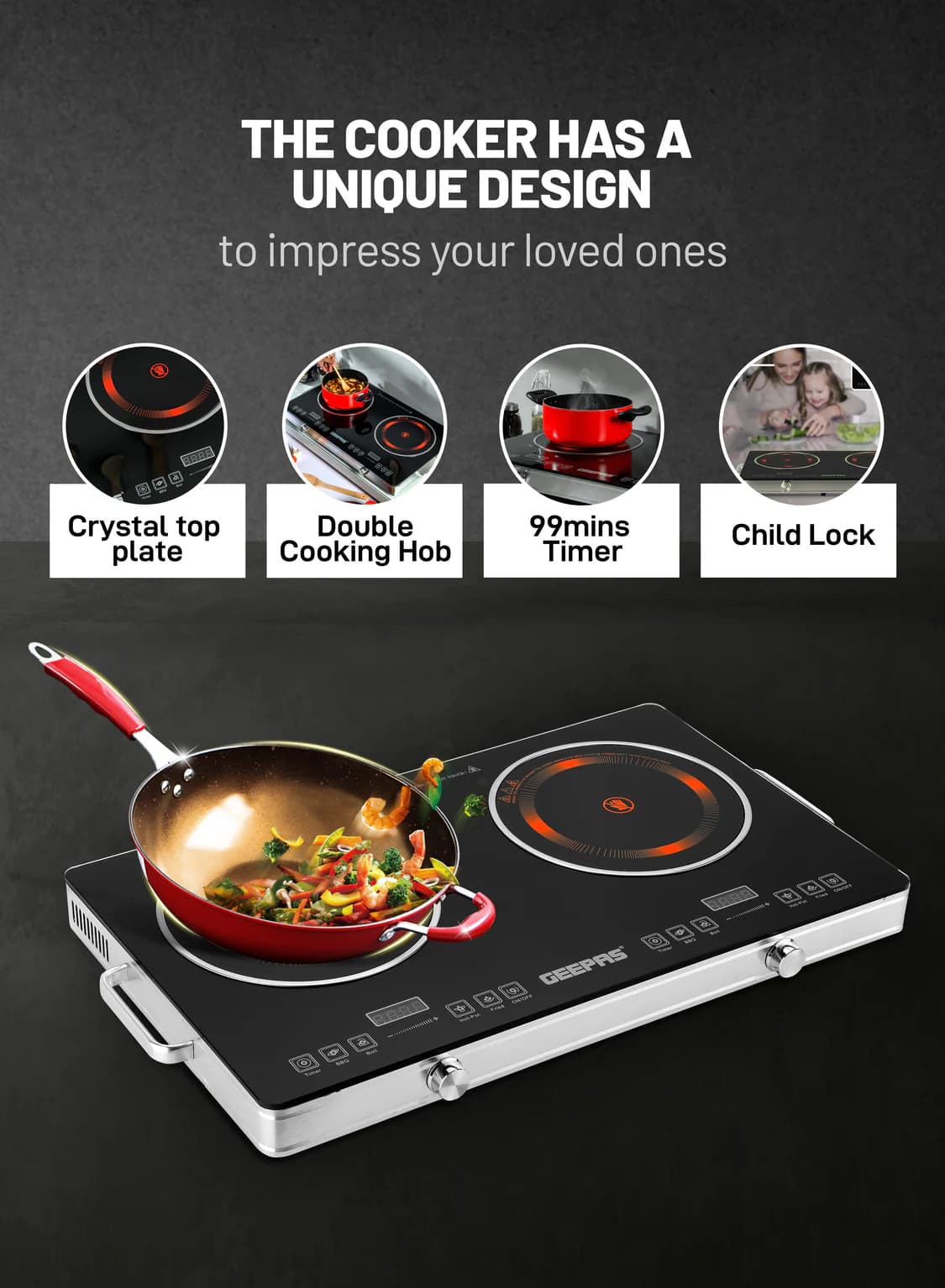 Geepas Digital Infrared Cooker GIC6131 |3600W Double Cooking Hob, view 3