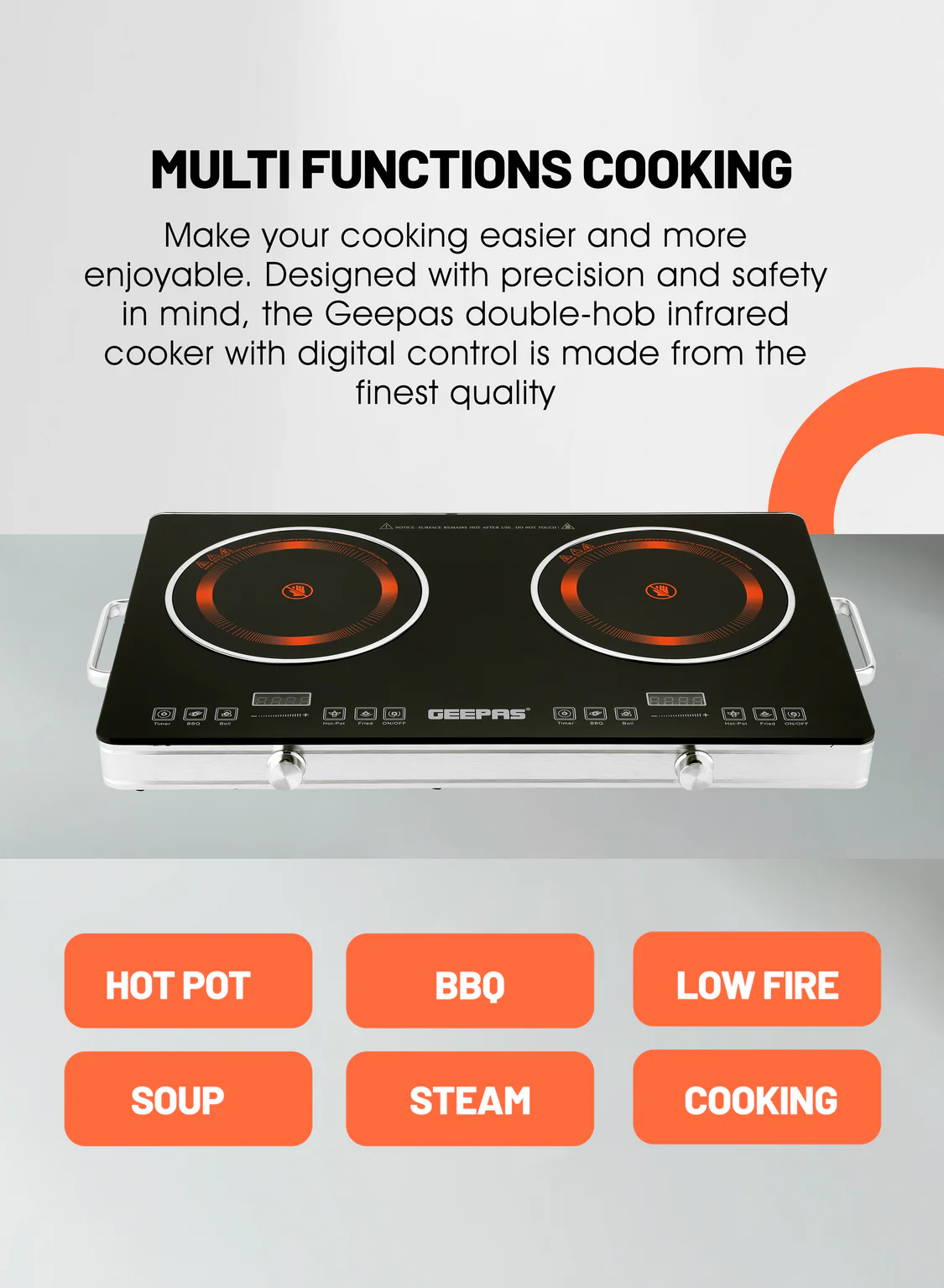 Geepas Digital Infrared Cooker GIC6131 |3600W Double Cooking Hob, view 4