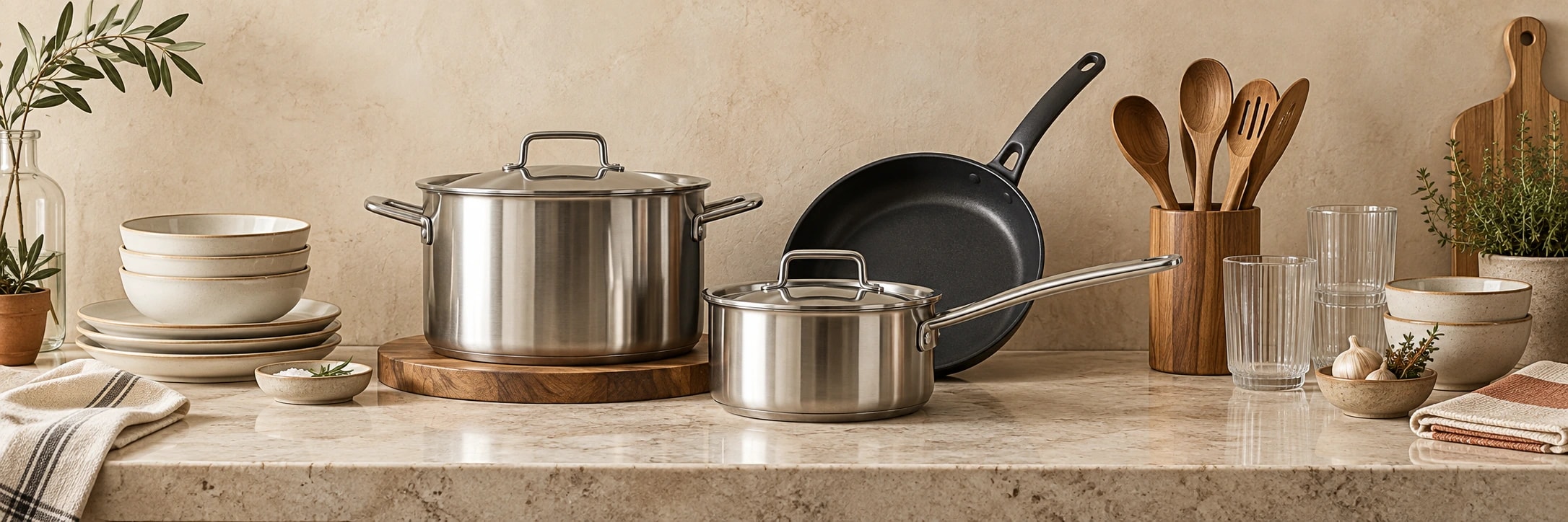 An arrangement of stainless steel cookware, ceramic dishes and wooden kitchen utensils