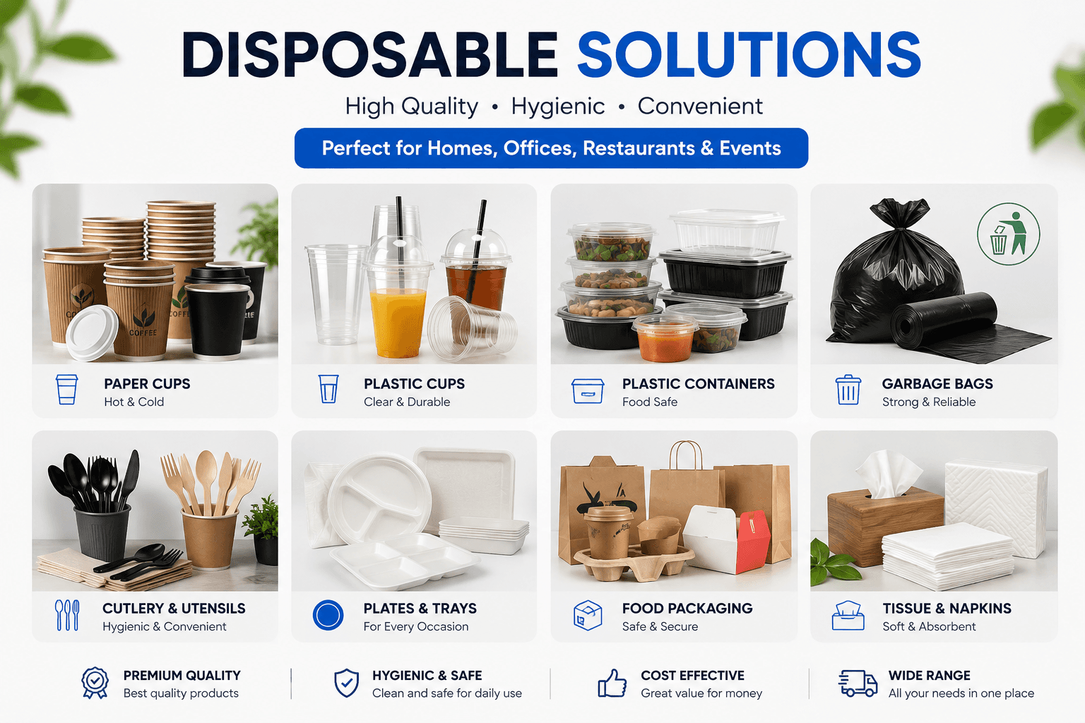 Disposable products in Al Ain including plastic cups, paper cups, garbage bags, and plastic containers at Shop House